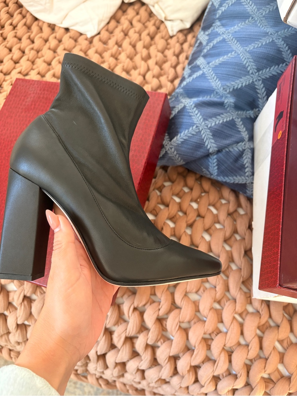 Tamara Mellon Black Stretch Leather Block Heel Ankle Boot - NIB - size 38.5